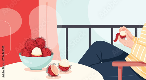 Illustration of a person peeling rambutan fruit on a balcony with a bowl full of rambutans
