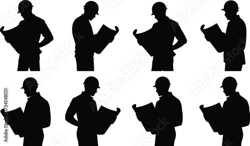 Silhouettes of engineers and architects reading blueprints, construction supervisors reviewing project plans, technical drawing inspection, site foreman