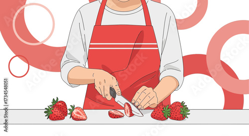 Illustration of a person wearing an apron slicing strawberries on a kitchen counter top graphic