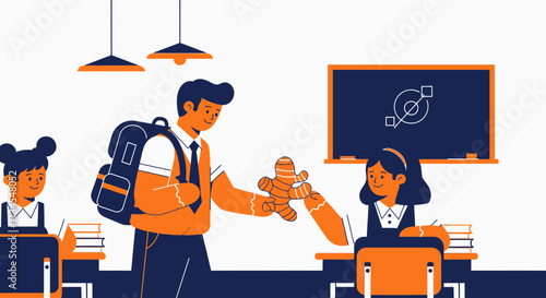 Illustration of a school setting with students and a teacher sharing a gingerbread man