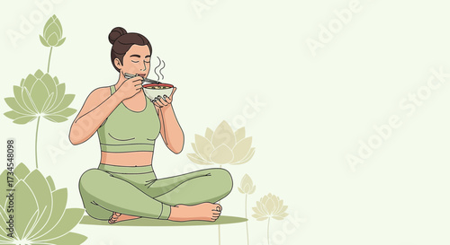 Illustration of a serene woman enjoying a meal in a lotus flower filled landscape