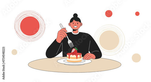 Illustration of a smiling person ready to eat a slice of cake with a strawberry sitting at a table