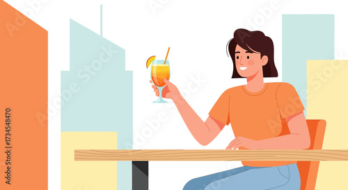 Illustration of a woman enjoying a cocktail at a bar with an urban background