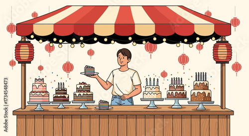 Illustration of a vendor selling cakes at a festive market with lanterns and lights cake shop