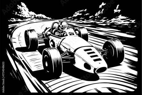 Retro race car with open cockpit and large tires in hand drawn black and white outline illustration artwork
