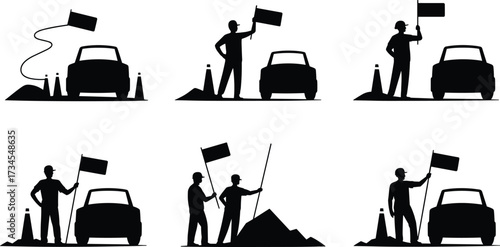 Silhouette of construction workers directing traffic with safety flags, roadwork traffic control, and flagger crew managing vehicles at building and highway construction sites illustration