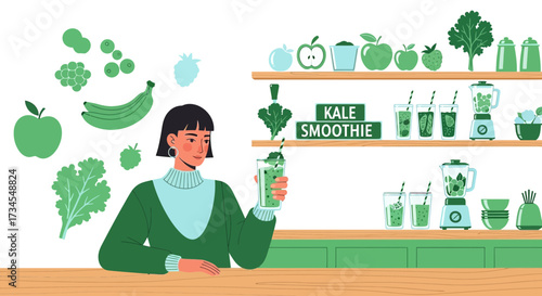 Illustration of a woman holding a glass of kale smoothie in a healthy environment scene