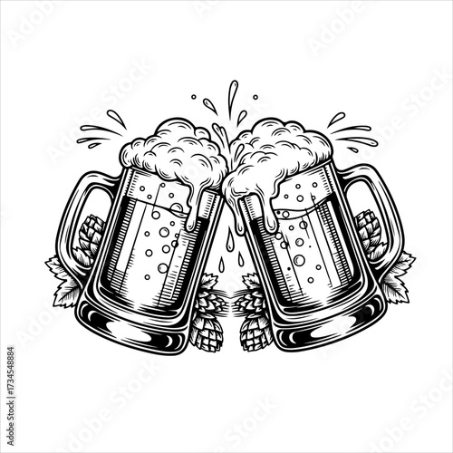Two frothy beer mugs clinking in a celebratory toast, illustrated in a black and white vintage engraving style with hops.