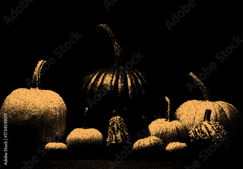 Pumpkin vegetable in retro dotwork style to celebrate autumn harvest season, Thanksgiving and Halloween
