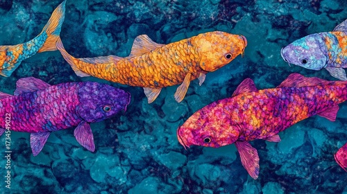 Vibrant Koi fish swim in a dark pond