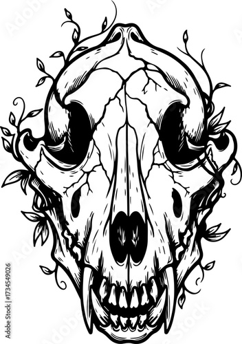 A black and white line art illustration of a cracked animal skull overgrown with twisting vines and leaves.