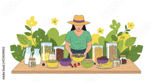 Illustration of a woman preparing a healthy breakfast with fresh ingredients outdoors scene