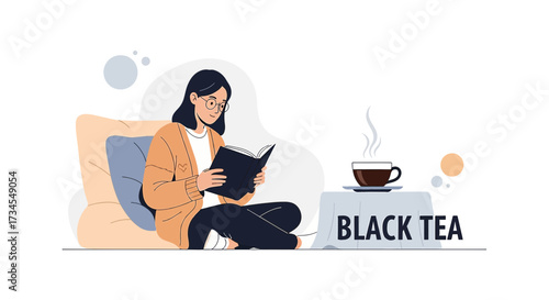 Illustration of a woman reading a book with black tea on the side table in a cozy environment