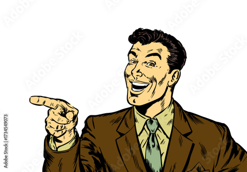 Businessman in brown suit confidently pointing finger for directing attention, leadership, and successful decision making in cartoon pop art illustration style