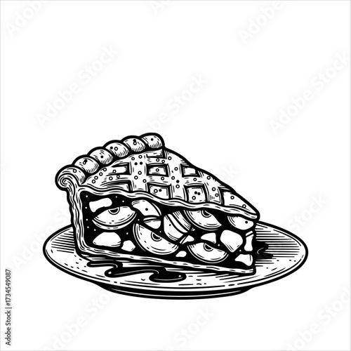 A black and white, hand-drawn illustration of a slice of apple pie with a lattice crust, served on a plate in a vintage engraving style.