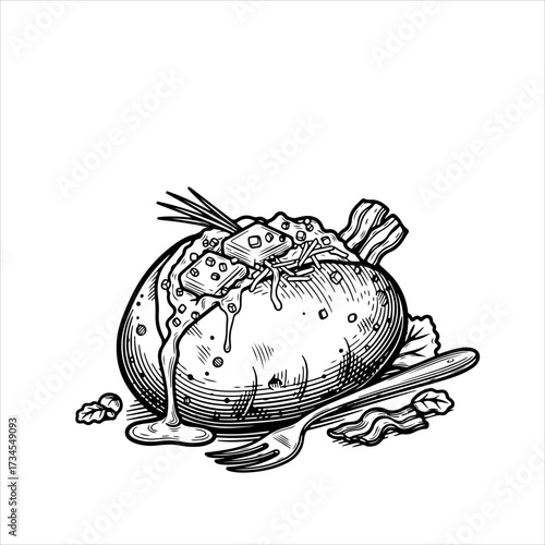 A hand-drawn, black and white illustration of a loaded baked potato with cheese, bacon, and a fork.
