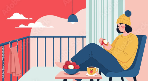 Illustration of a woman relaxing on a balcony peeling fruit and enjoying coffee outdoors