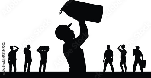 Silhouette of construction workers drinking water, resting and hydrating during work break, laborers pause for refreshment at building construction site illustration design