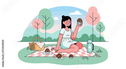 Illustration of a young woman enjoying a delightful picnic with muffins in the park