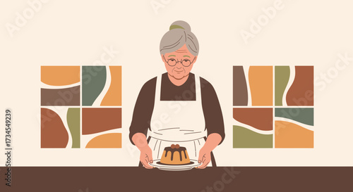 Illustration of an elderly woman holding a chocolate dessert in a cozy kitchen setting