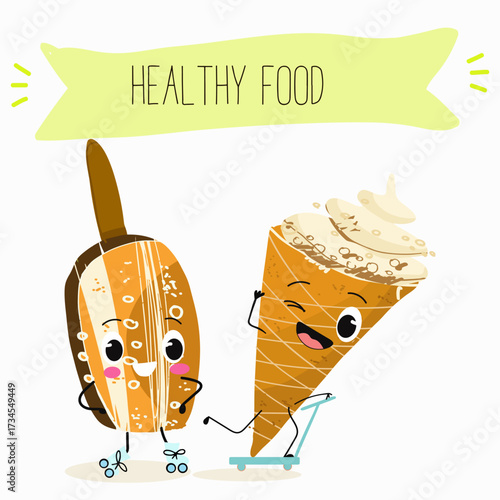 Tasty ice creams, ice-cream cones and popsicle, funny characters, hand drawn vector illustration.