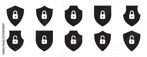 Set of shields with locked icon. Security Icons Set showing locks shields. Cybersecurity icon set featuring locks, shields, and warning signs.