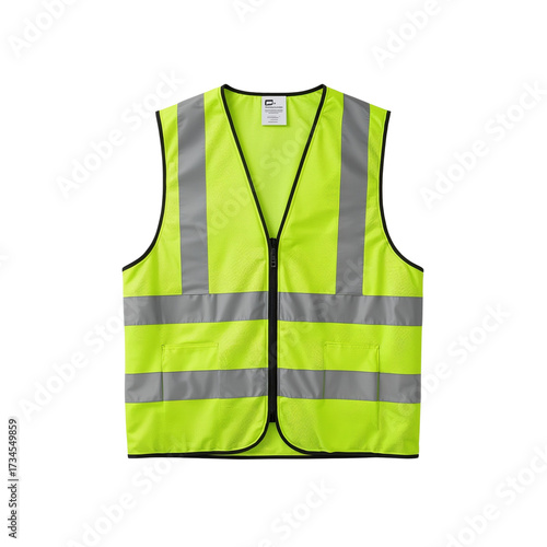 High-Visibility Safety Vest in Neon Yellow with Reflective Stripes in Front View on White Background