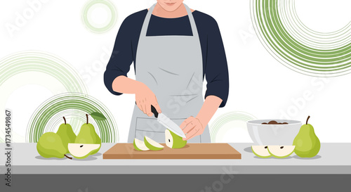 Illustrative depiction of person slicing pears in kitchen with geometric design elements