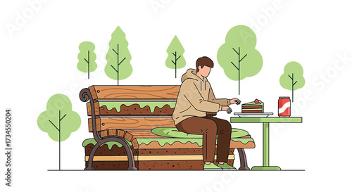Man enjoying cake and soda on a park bench surrounded by trees on a sunny day