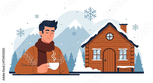 Man enjoying hot beverage in cozy winter cabin setting with mountain backdrop