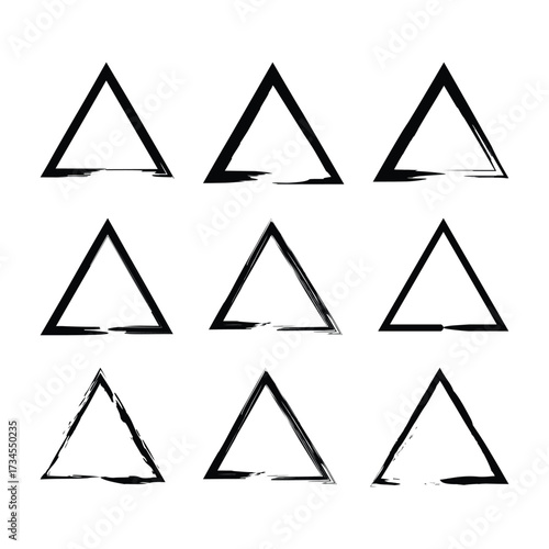 Set of nine hand drawn triangle icons with brush stroke effect for design vector