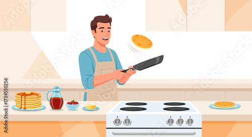 Man in the kitchen joyfully flips a pancake preparing a delicious breakfast