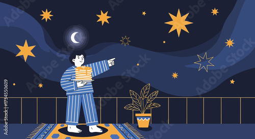 Pajama-clad figure holding pancakes, gazing at starry night sky from the balcony, illustration