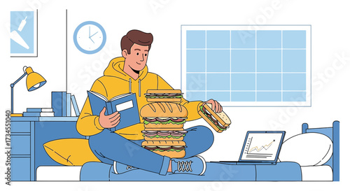Relaxed student eating a sandwich and reading a book while sitting on his bed next to the laptop