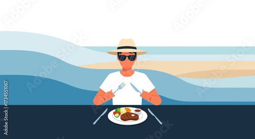Relaxing beachside dining experience with a man enjoying a steak meal with ocean view