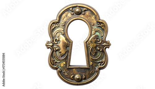 Ornate antique brass keyhole escutcheon with aged patina on black