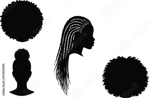 African American woman hairstyle silhouette set, afro puff bun braids vector illustration, natural curly hair clipart, black beauty salon hairstyle icons
