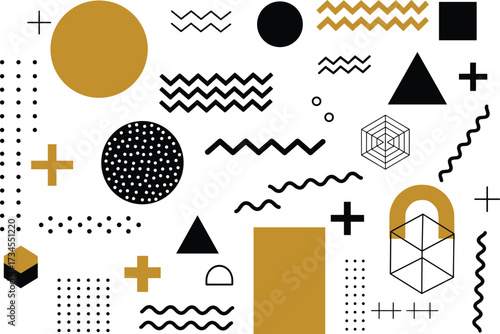 Abstract geometric shapes pattern vector, modern minimal design elements, black gold Memphis style background, trendy graphic illustration for decoration, poster, banner