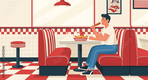 Retro diner scene with a man enjoying a corndog in a classic American setting