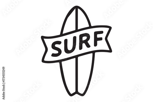 Stylized surfboard with the word surf on a banner isolated on white background