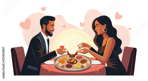 Romantic Ethiopian dinner date: A couple sharing a meal and wine in celebration of love and culture