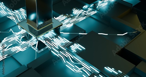 Obraz na płótnie Hub de circuitos 3D com luz ciano — tecnologia e dados