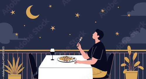 Serene Nighttime Dining Experience: A Man Enjoying a Meal Under the Stars and Moonlit Sky
