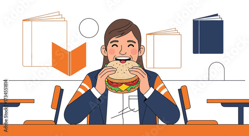 Student Taking a Break From Studying to Enjoy a Large Burger in a Relaxing Setting