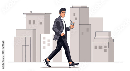 Stylish businessman strolling through urban setting enjoying refreshing beverage design