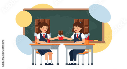 Students sharing chocolate in classroom, a sweet gesture of friendship and generosity illustration