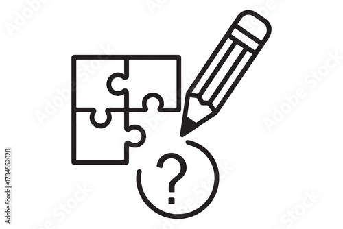 Conceptual illustration of a pencil solving a puzzle with a question mark isolated on white background