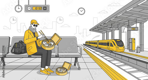 Stylish traveler enjoys dumplings while waiting for train at modern station design