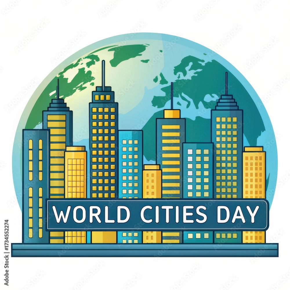 Obraz premium World Cities Day cityscape with globe and buildings