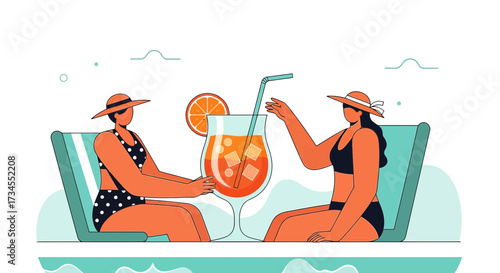 Summer Relaxation: Two Friends Enjoying Cocktails on the Beach in Flat Vector Style
